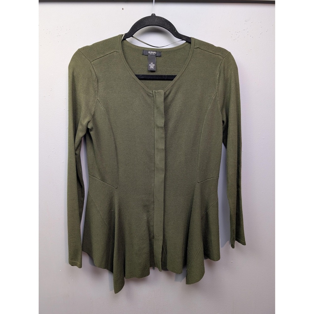 Alfani Sweater Womens Petite PP Olive Green Long Sleeve Flare Hem Knit Cardigan‎